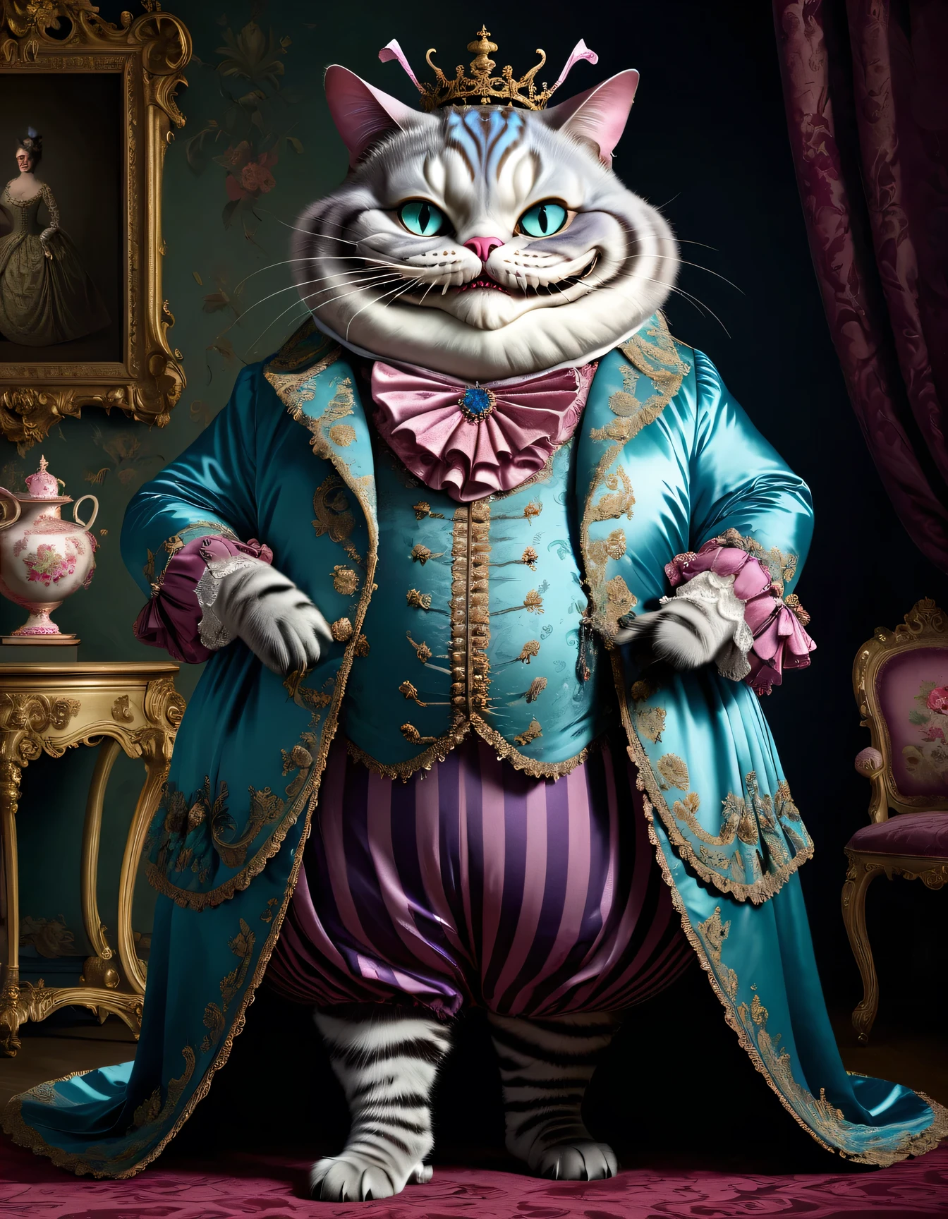 photorealistic portrait of Dressed animals - a ((fat)) (Cheshire cat) necromancer, (full body image:1.5),(intimidating pose:1.5) Wearing luxury gown,(wearing luxury ),(hands on hips:1.5), Old-fashioned luxury clothes, detailed and opulent description of  aristocratic sack-back gown in Rococo ,emphasizing rococo style fabrics , intricate embroidery, and ornate accessories, dark rococo style palace background,(looking at viewer:1.5),score_9, score_8_up, score_7_up, score_6_up, score_5_up, score_4_up,