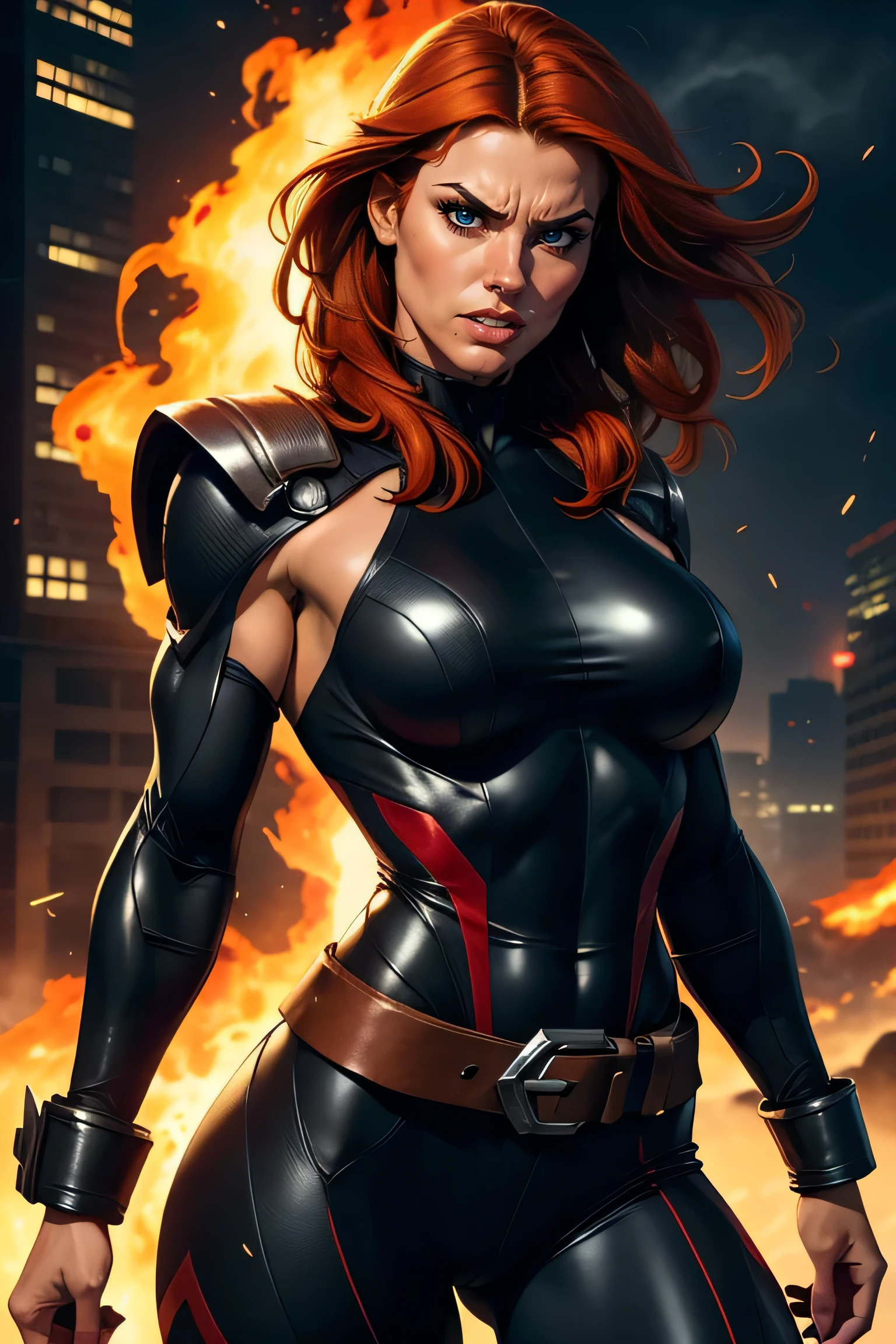 (a mulher está em postura dinâmica e agressiva:1,2), advancing at high speed. His body is tilted slightly forward and his right arm is extended with his hand open. Your hair is flying back due to the speed of movement, suggesting rapid advancement. She wears a tight, futuristic combat outfit, black:1.1, that covers the entire body, highlighting your curves and bust. The costume is made of resistant material, with metal details on the wrists and belt with protective elements. There is a red belt around the waist, which adds a touch of color to the predominantly dark look. a (character has an athletic body, Strong and well defined, with robust muscles visible even under the costume: 1.1). Her skin is fair and she has vibrant red hair., which adds a striking contrast to your dark attire. Your eyes are intensely focused, with an expression of determination and anger. His expression is fierce and determined, with eyes showing anger and pride and eyebrows furrowed. Your mouth is open in a battle cry, showing clenched teeth. a intensidade de seu olhar e sua postura geral indicam que ela está em uma luta acalorada. a cena se passa em um ambiente urbano em chamas, in the midst of a devastating battle or attack. Tall buildings can be seen in the background, partially destroyed and engulfed in flames and smoke. There are sparks and debris flying around the character, adding a sense of chaos and destruction. Explosions and fires dominate the background, with intense lights and dramatic shadows creating an atmosphere of urgency and danger. a iluminação quente das chamas reflete no figurino da personagem, highlighting your figure even more amidst the chaos.
fit and athletic body, slutty, perfect hands, detailed hands, perfects eyes, detailedeyes, Glamour, sexly, great realistic, HDR, ultra HD, dynamic, 8k every detail clearly. vector image, perfect muscle sculpting, ((Masterpiece artwork)), ((best qualityer)),