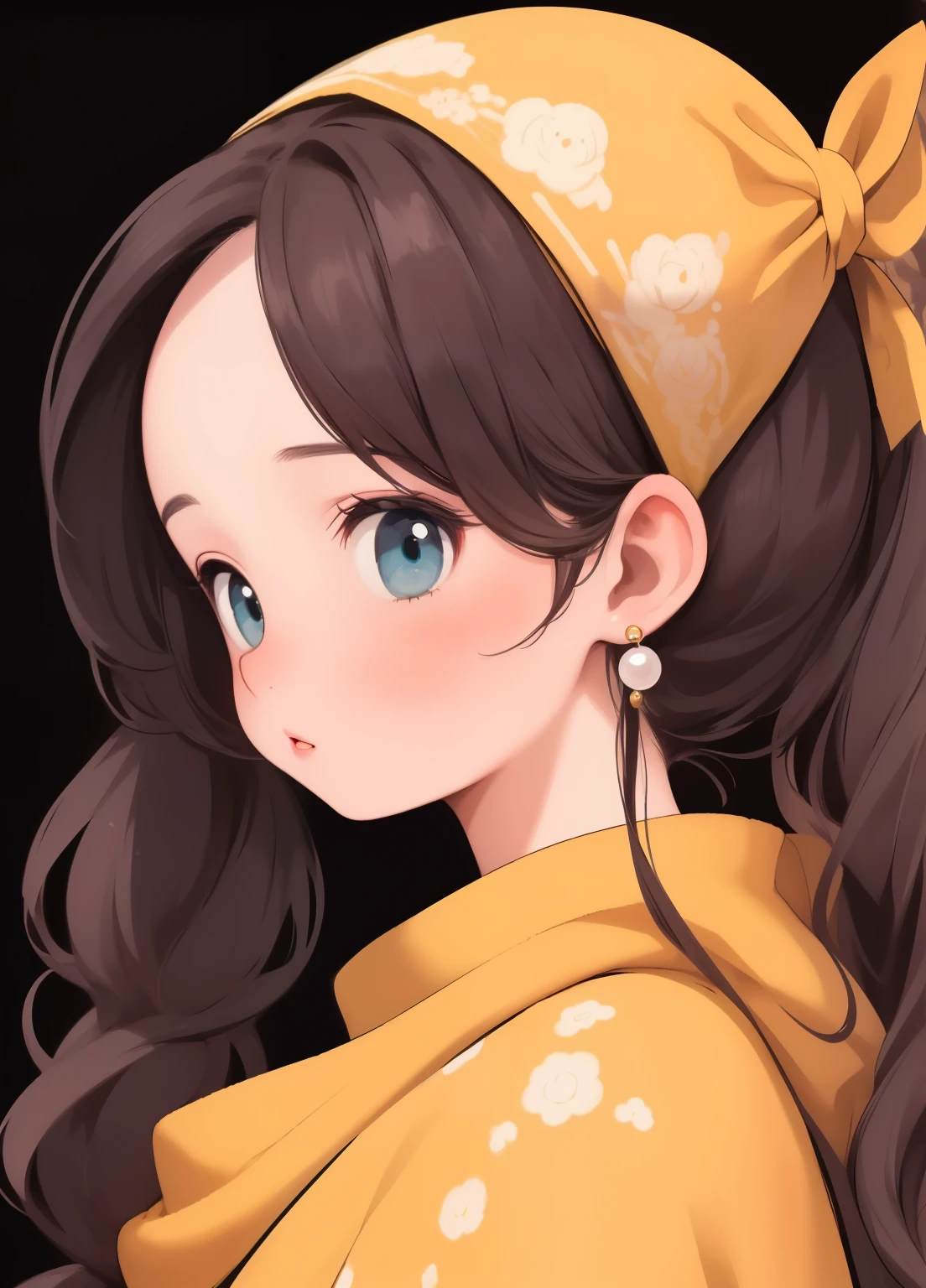 (masterpiece、Highest quality、Highest quality、Official Art、Beautiful and beautiful:1.2)、(One girl:1.3)Hatsune Miku、Twin tails,Beautiful breasts, Katsushika Hokusai,(oil,Rembrandt style:1.1),(medieval Portraiture:1.2),oil with brushstrokes,masterpiece, Highest quality, detailed,Portraiture, Girl with a Pearl Earring,alone,Three-quarters face, Iris,lips,compensate,slightly open lips, Pearl Earrings,Yellow scarf with blue headband:1.2, white collar,Yellow clothes, oil\(Moderate\),Side light:1.4,Shadow, From the side,Recall,Black background, Simple Background