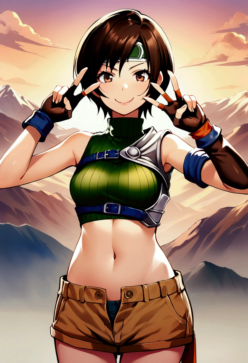 score_9, score_8_up, score_7_up,,BREAK ,best quality,aesthetic,very aesthetic,illustration ,high-resolution ,upperbody,,soro focus,1girl, yuffie kisaragi, final fantasy, short hair,headband,navel,sleeveless,turtleneck,brown eyes,sleeveless turtleneck,solo,breasts,looking at viewer,smile,gloves,crop top,brown hair,shorts,midriff,,sweater,open fly,armor,fingerless gloves,ribbed sweater,medium breasts,(great joy:1.2),standing,mountain,sunset,double v,smug,face above focus,