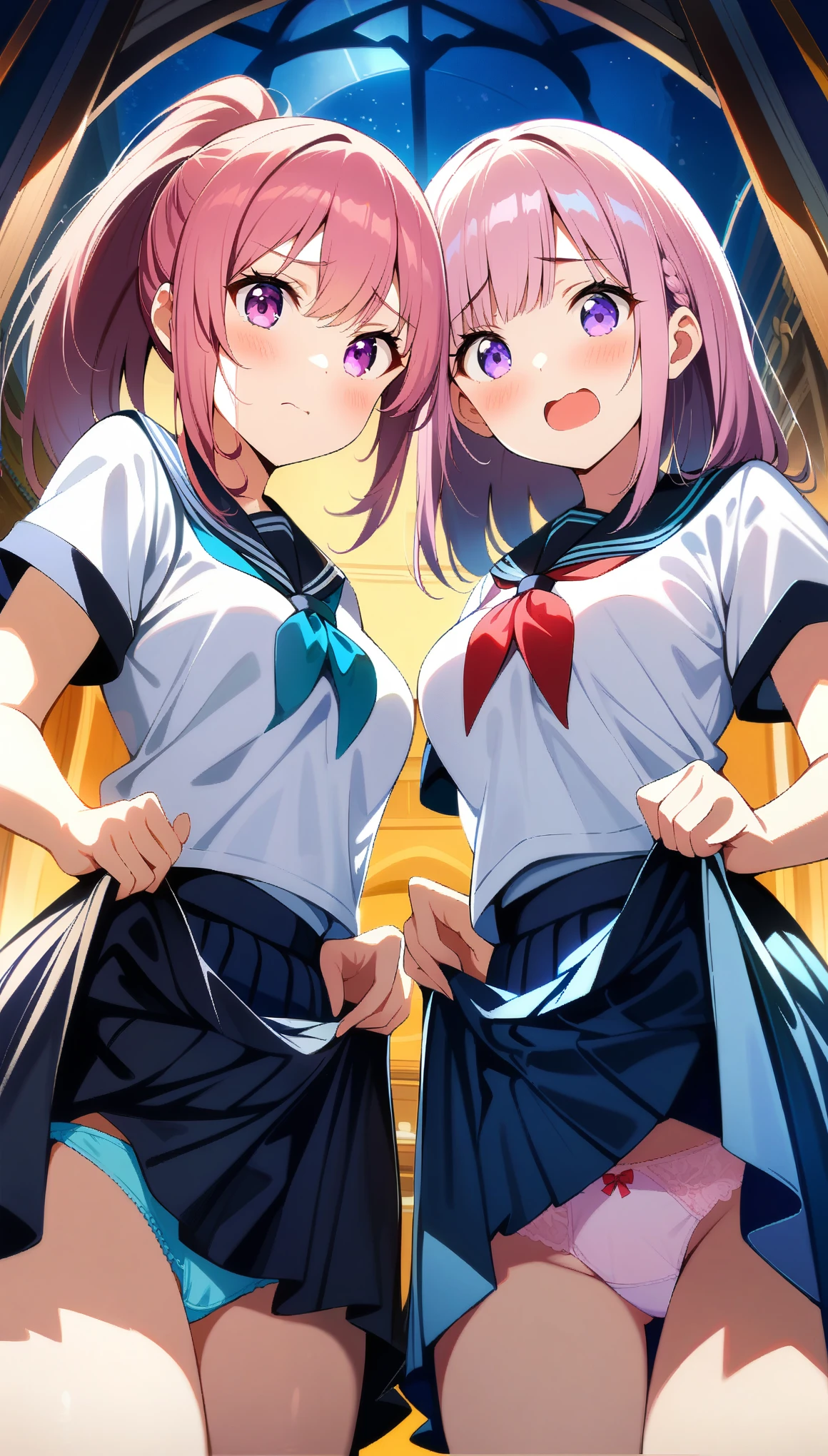 (((2 girls))), medium Hair, long hair, ponytail, pink hair, purple eyes, (multi color underwear), (cute school uniform), embarrassed, (cowboy shot), (((((showing underwear))))), (((((skirt lift by myself))))), (((from front))), (from below), ((32K)), ((best quality)), ((ultra high res)), ((HDR)), ((uhd)), ((extremely detailed CG)), ((unity 32K wallpaper)), ((perfect anatomy)),