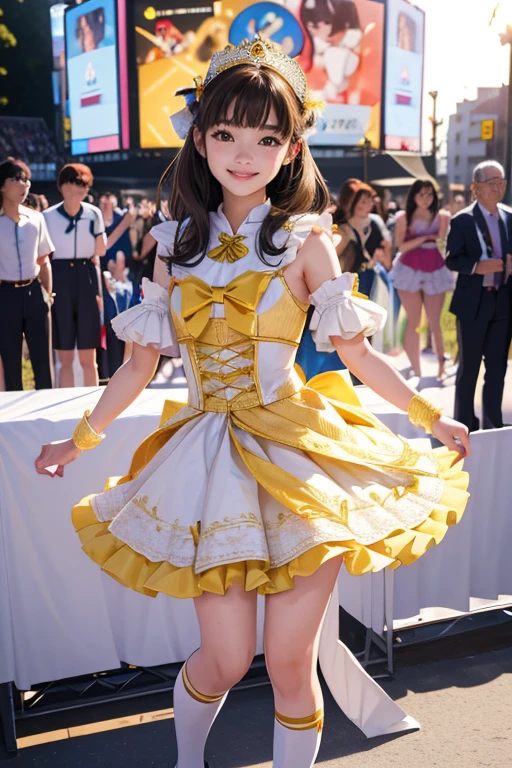 (Highest quality、 8k 、masterpiece、High resolution)、Full Body Shot、15 year old girl、Idol、Cute smile、Pretty lips、Adorable eyes、Dancing with a smile、Outdoor Stage、AKB48 Costumes、Realistic、Realistic、Official Art、Detailed CG、Professional Lighting、Professional photographer、
