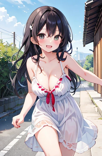 Two Girls, Running with each other, Sundress, Outdoor, summer, Smile of joy, A girl running from behind, Cleavage、Large Breasts、Long black hair