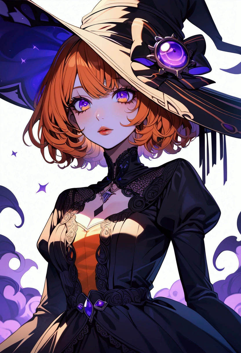 anime girl, orange hair, violet eyes, short hair, witch, witch hat, o, ultra detailed eyes, ultra detailed, detailed lips, detailed body, beautiful, dress, vivid colors 