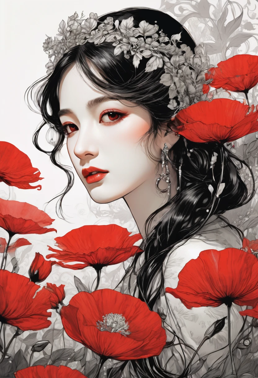 (masterpiece, best quality:1.2), 1 girl, alone,beautiful face，Red Reminimalist Art Nouveau，illustration style，black and red，flowers