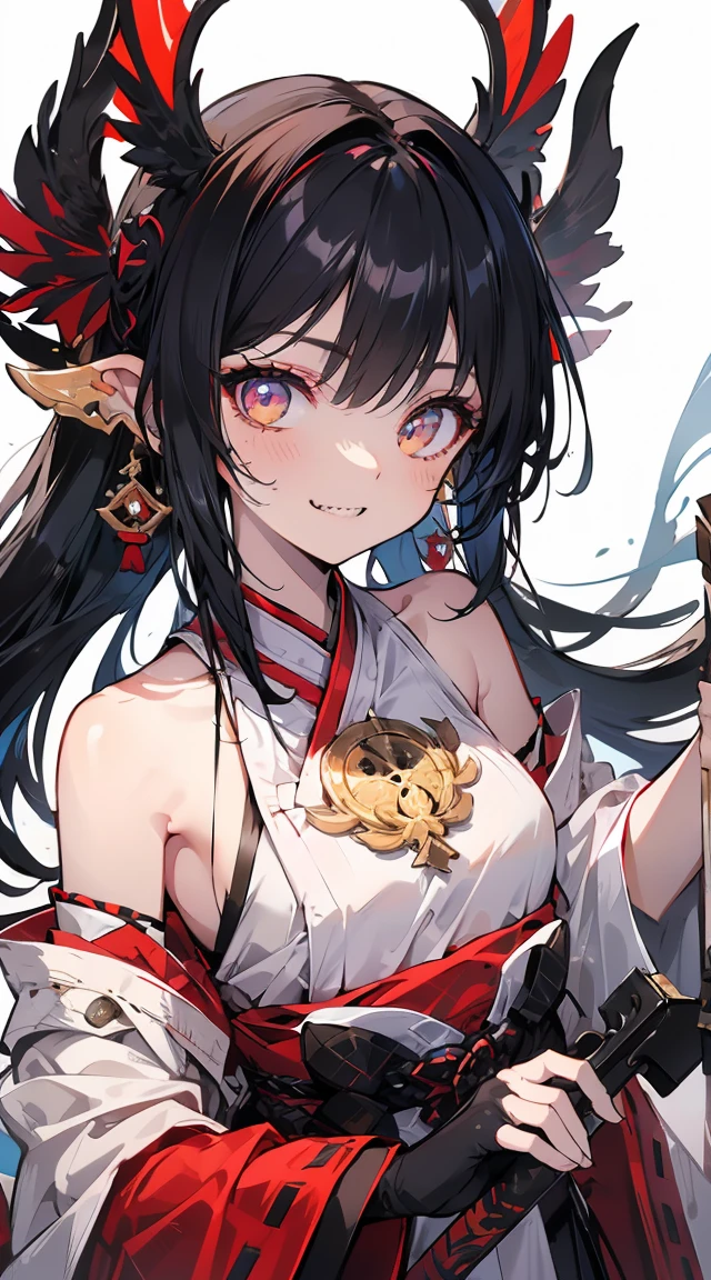 Miko costume、[(Detailed Background:1.4)::5],original,(figure:1.1),(Highest quality),(Tabletop:1.1),(Highly detailed CG Unity 8k wallpaper:1.1), (colorful:0.9),(Mid Shot:0.95),(very detailed beautiful whole body),Ear covering accessories、Standing in the Wilderness, (girl),(((Adult))), (Beautiful eyes in every detail:1.15), (Beautiful Face:1.15), (Glowing red eyes:1.25////),(Black Hair),Pale skin，Pink Eyes，Red Bow，Amaryllis，((Wicked Smile))，crystal earrings in the ears，raven feather skirt,whole body,Miko costumeニーソを履いて,((Long black hair)),Long black hair,Atomic bomb, Or a nuclear bomb, It is an explosive weapon with great destructive power., A large amount of energy is released、. The bomb works through the nuclear process of atomic fission.。, A large amount of energy can be released from a small amount of matter.. Aegis Ore Shield Black Opal Aberration Flail Weapon resting, A creation of nightmares ready for action. This mangrove weapon is a grotesque monster., Has twisting tentacles that form an extension of the weapon. Each tentacle ends in an eyelid bearing sharp teeth and fangs.。, jutting out like a deadly blade. The body of the weapon、It is adorned with stitched-together human arms and a mad eye filled with slithering, snake-like tentacles.。. Even though I&#39;m in chains, The anomalous grenade weapon has a look of insanity and extreme madness., As if they were a living extension of the chaos that inhabited the dungeon.. Your eyes shine with a disturbing intensity. The surroundings are ominous, Damp stone walls and oppressive silence. Anomalous Mangual Weapons are Cursed Relics, Defying all notions of sanity、A weapon capable of causing destruction at any time.