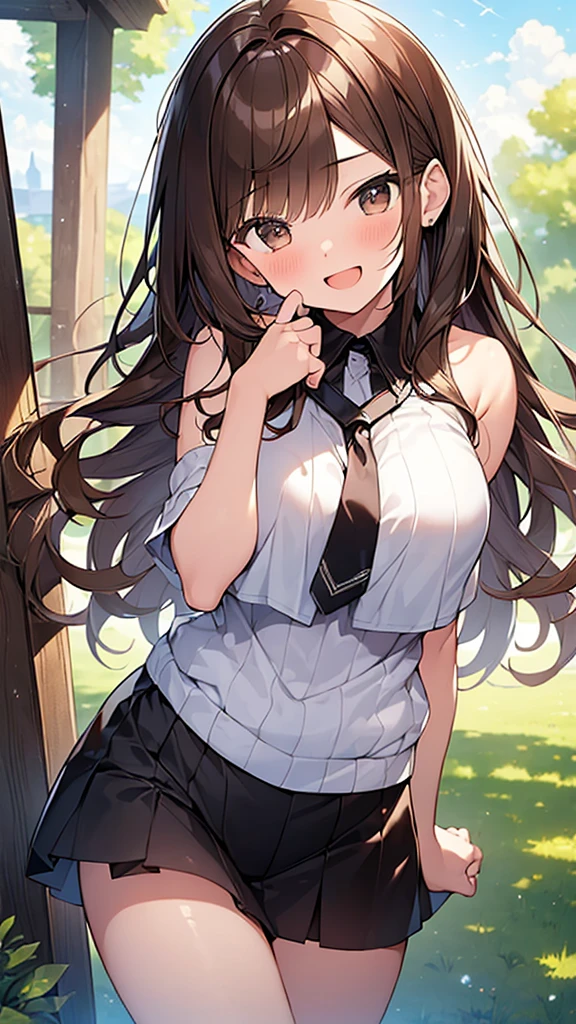 (Masterpiece, Top quality: 1.5), (1 girl, solo :1.2), large breasts:1.2, standard weight, (brown hair:1.4), (airy hair, wavy hair:1.3), long hair ,asymmetry bangs, swept bangs, 12 year old, smile:1.4, flustered:1.1, dynamic pose, magnificent panorama view, happy:1.2, open mouth, summer:1.3, __angle__