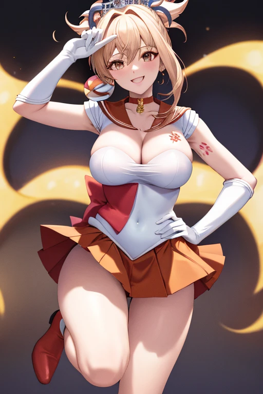 masterpiece, high definition, best quality, rendered art, well formed hands, fingers and body, 1 woman, solo, Yoimiya , adult, grown up, wearing Sailor Moon's outfit, big breasted, cleavage, full body, sexy sailor senshi uniform, short blue skirt, red boots, gorgeous hips, legs and thighs, blond, white elbow gloves, sailor collar, tiara, earrings, dancing seductively and erotically, shaking her body alluringly, wind lifting skirt, smiling joyfully and brightly, looking at the viewer, flirting, beach environment