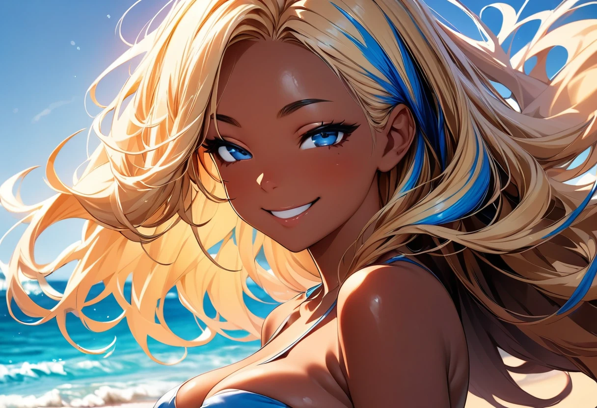 (highest quality:1.2, Very detailed, up to date, Vibrant, Ultra-high resolution, High Contrast, masterpiece:1.2, highest quality, Best aesthetics), Portraiture、girl、slim, Bright colors、bandeau bikini, beach, blue ocean, blue sky, Beautiful fine details、(Beautiful lip detail:1)、long hair, ((wavy hair:0.4))、messy hair, blonde and blue ((streaked hair:1.3)), highlights hair: 1.3, (medium breast:1), (tan skin:1.3),wink:1, ((smile:1.5)) ,naughty face, (upper body:1.3), close-up face, looking viewer