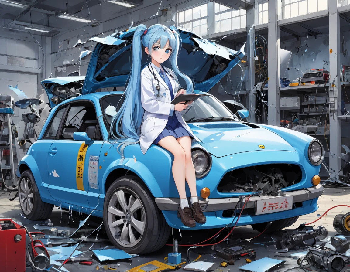 Light blue long hair、Beautiful girl with twin tails、Car crash experiment in lab coat、A laboratory in a large warehouse、Serious face、Car crashed into wall、Front part damaged、There are many measuring instruments lined up、Measuring a wrecked car with a large measuring machine