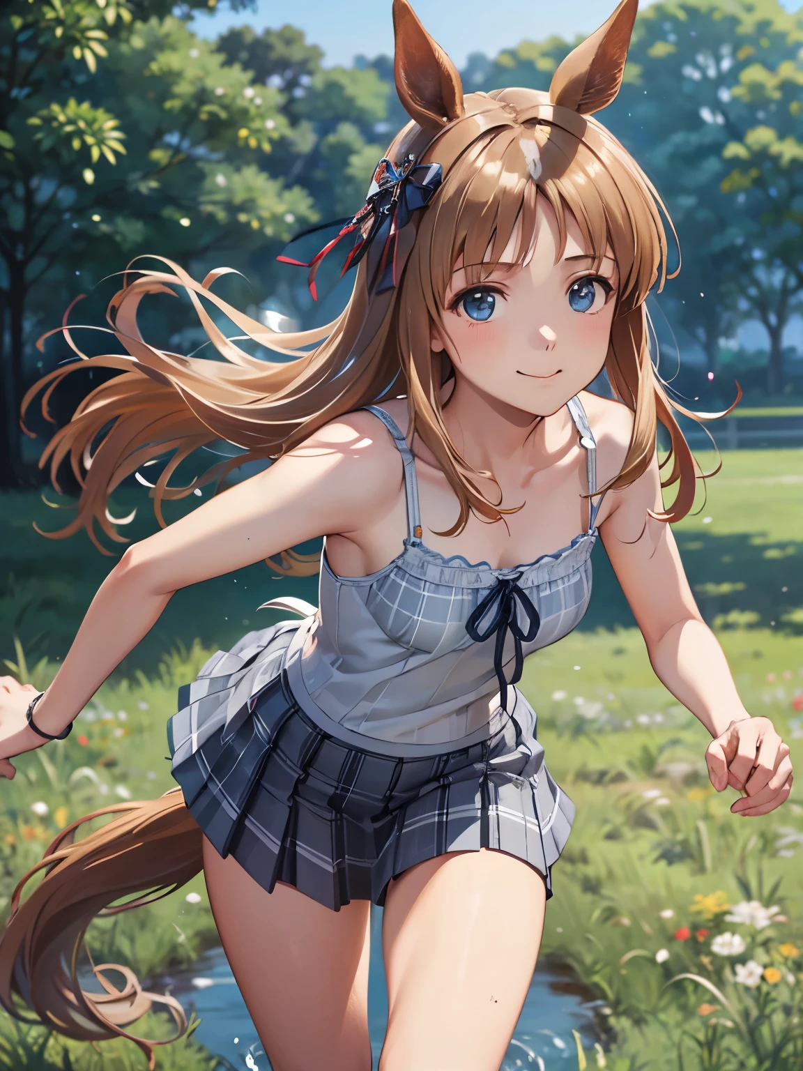 Highest quality、(Anime illustration style:1.1),grass_wonder、horse ear、smile、(running:1.3), bangs, Closed Mouth、 Looking at the audience, whole body, Front view:0.6, (Beautiful views), garden,White clothes、 camisole, 白のcamisole , Grey plaid pleated skirt,(Flowing Grass:1.5),(Genuine、Realistic、Realistic:1.30)、High resolution、超High resolution、Ultra-fine painting、Sharp focus、Physically Based Rendering、Cowboy Shot