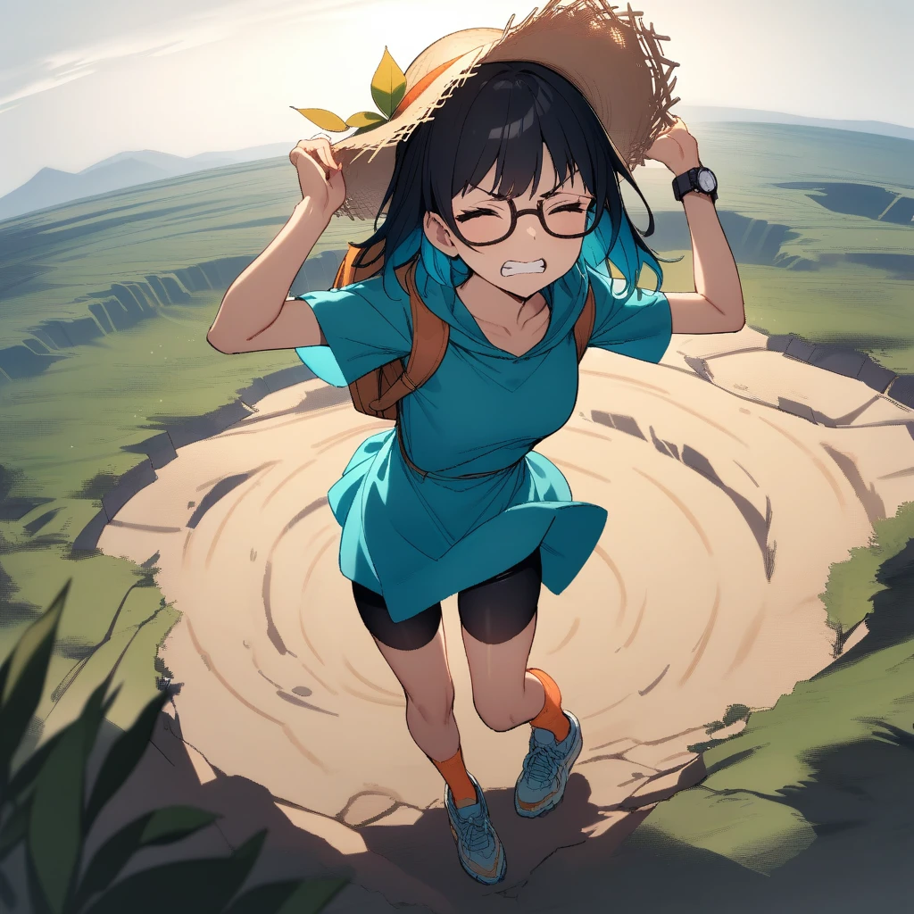 (masterpiece),(best quality),very aesthetic,(ultra-detailed),Collapsed civilization,(on top of the hill),nsfw,1girl,25yo,slender,tall,medium hair,black hair,natural wave hair,flipped hair,closed eyes,><,clenching teeth,v-shaped eyebrows,(glasses,straw hat with leaf color ribbon:1.2),carrying a aqua blue rucksack, (thigh-high parka dress with gradient earth color,black bike shorts),short sleeves,Sneaker Shoes,short orange socks,broken wristwatch,a big crater in the wilderness,standing,arms up,wind,summer,comical