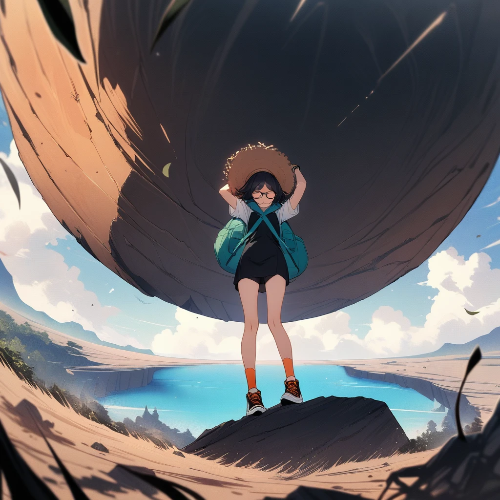 (masterpiece),(best quality),very aesthetic,(ultra-detailed),Collapsed civilization,(on top of the hill),nsfw,1girl,25yo,slender,tall,medium hair,black hair,natural wave hair,flipped hair,closed eyes,><,clenching teeth,v-shaped eyebrows,(glasses,straw hat with leaf color ribbon:1.2),carrying a aqua blue rucksack, (thigh-high parka dress with gradient earth color,black bike shorts),short sleeves,Sneaker Shoes,short orange socks,broken wristwatch,a big crater in the wilderness,standing,arms up,wind,summer,comical
