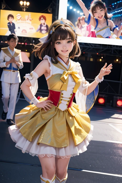 (Highest quality、 8k 、masterpiece、High resolution)、Full Body Shot、 girl、Idol、Cute smile、Pretty lips、Adorable eyes、Dancing with a smile、Outdoor Stage、AKB48 Costumes、Realistic、Realistic、Official Art、Detailed CG、Professional Lighting、Professional photographer、