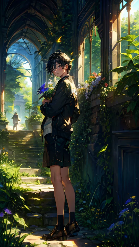 (Mastepiece), (Best Quality), Very detailed, (1 boy:1.5), (Full body solo shot:1.4), Perfect Face, Beautiful Boy, Very detailedな顔，(Black short hair:1.5)，(Green Eyes:1.4)，(Shorts:1.4)、(Lots of butterflies々:1.4)、bird、(ruins、Plants、flower:1.4)、Fairy、mysterious、Fantasy、beautiful、beautiful、(Close your eyes and laugh:1.3)、(Happy Face:1.4)、A big smile