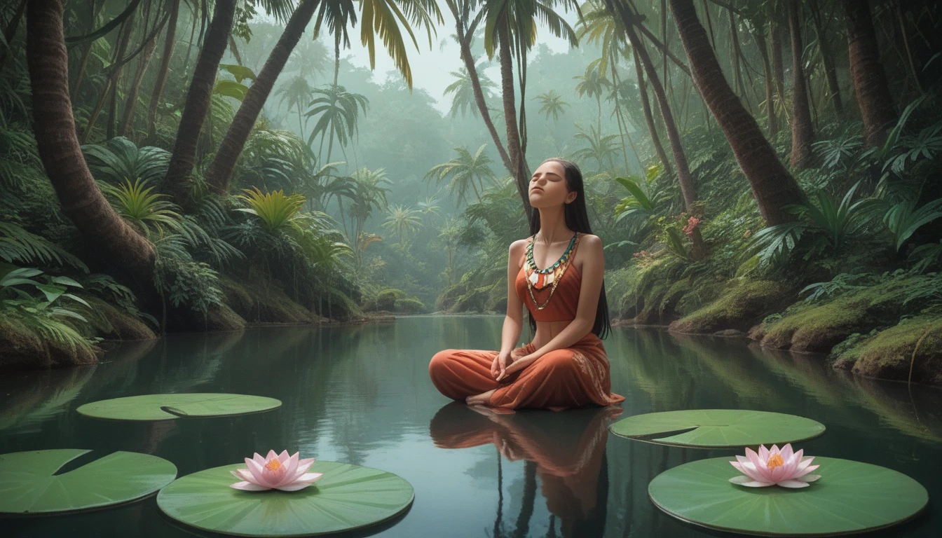 An wide show of Shiva in a meditation pose with his eyes closed levitating above a pond with lotus flowers. Tropical rainfall, lush flowery jungle in the background. A sunbeam falls through the trees' crowns and lights up Shiva's face.