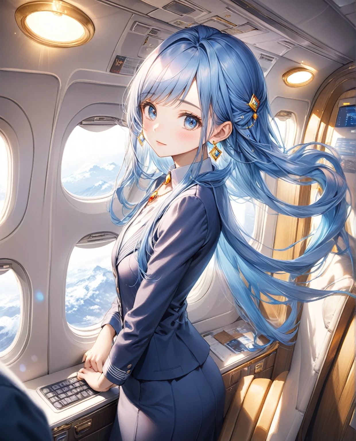 (Highest quality,8k,32K,masterpiece,Ultra-high resolution :1.2 ),born,One girl,Super cute,Natural light,Clear, shining eyes,20-year-old,Fair skin,Fantasy background of the electronic world inside the plane,The noble earrings are shining,The noble necklace shines,Blue Hair,Long Hair,Cabin attendant,stewardess,