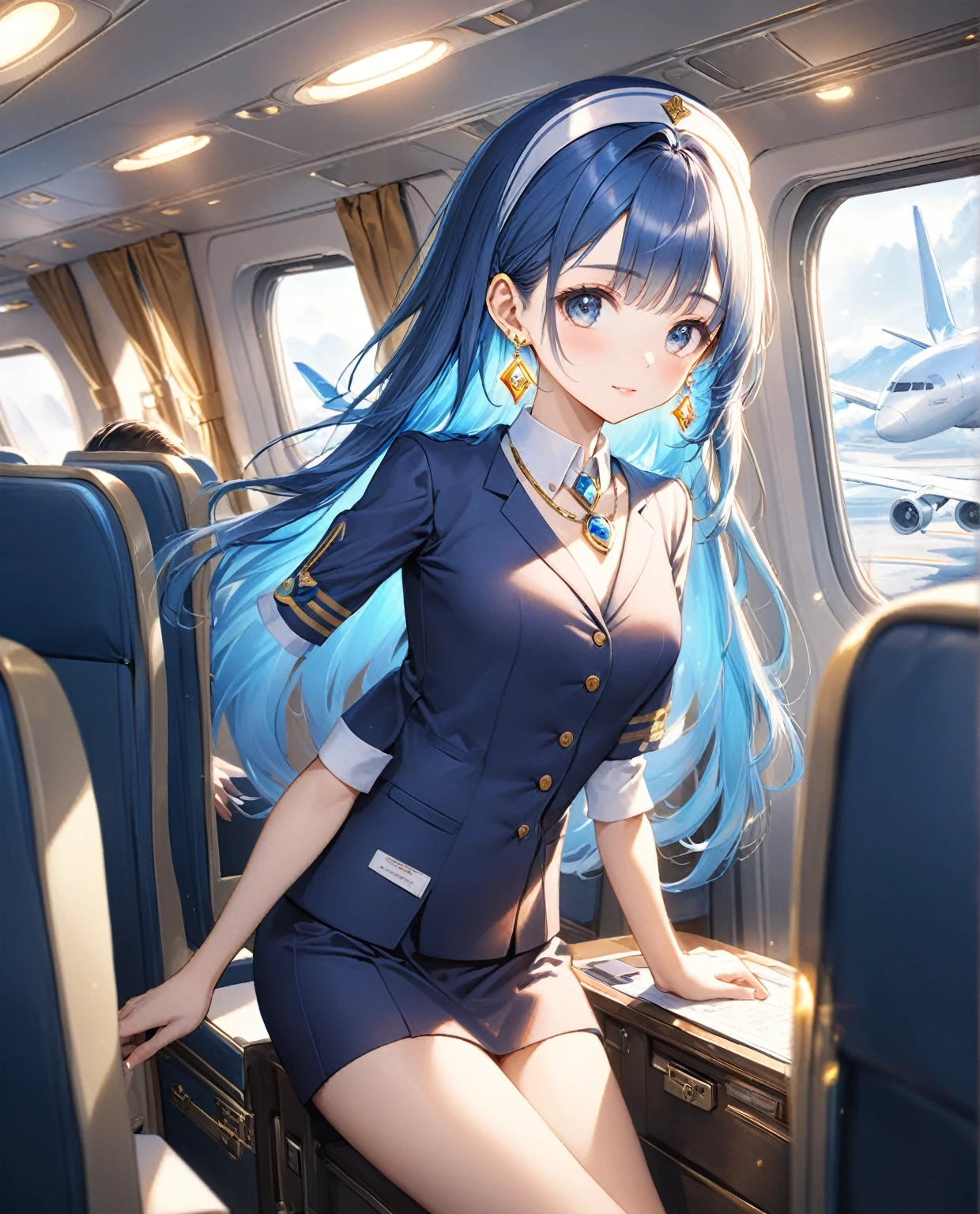 (Highest quality,8k,32K,masterpiece,Ultra-high resolution :1.2 ),born,One girl,Super cute,Natural light,Clear, shining eyes,20-year-old,Fair skin,Fantasy background of the electronic world inside the plane,The noble earrings are shining,The noble necklace shines,Blue Hair,Long Hair,Cabin attendant,stewardess,