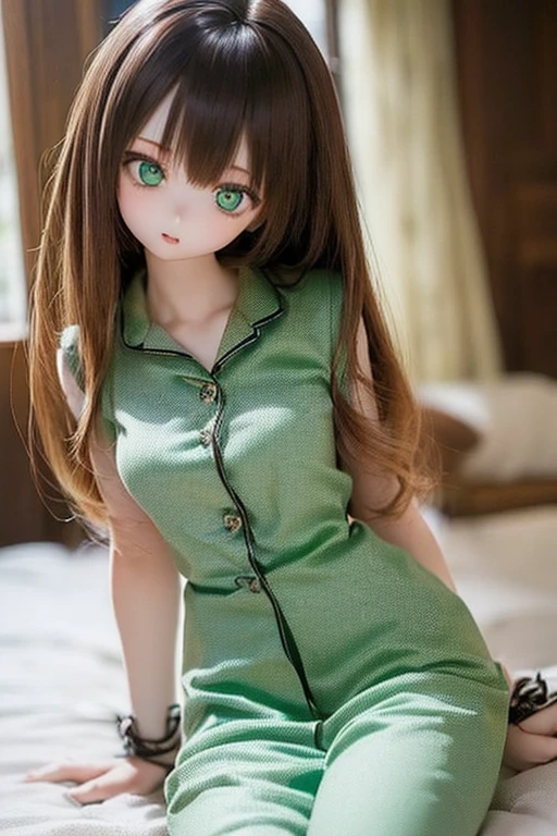 kukolnydom, doll, (mature woman, 21yo, 21 years old, solo:1.6), ((cowboy shot, sitting on bed, head tilt, slim, slender, skinny, medium breasts, pajamas, bedroom)), (green eyes, brown hair, long hair, plastic skin, looking at another, glass eyes, gradient eyes, shining eyes, detailed eyes:1.3)