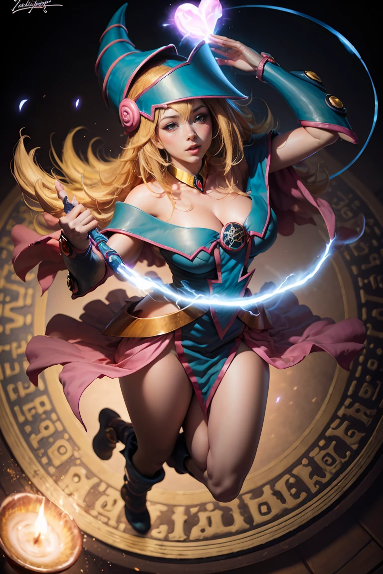 (masterpiece:1.2), (The best quality:1.2), perfect lighting, Dark Magician Girl casting a spell, in his twenties, floating in the air, big tits, neckline, blue robe, big hat, from above, Sparkles, Yugioh game, magic of the heart. heart lights, romantic heart