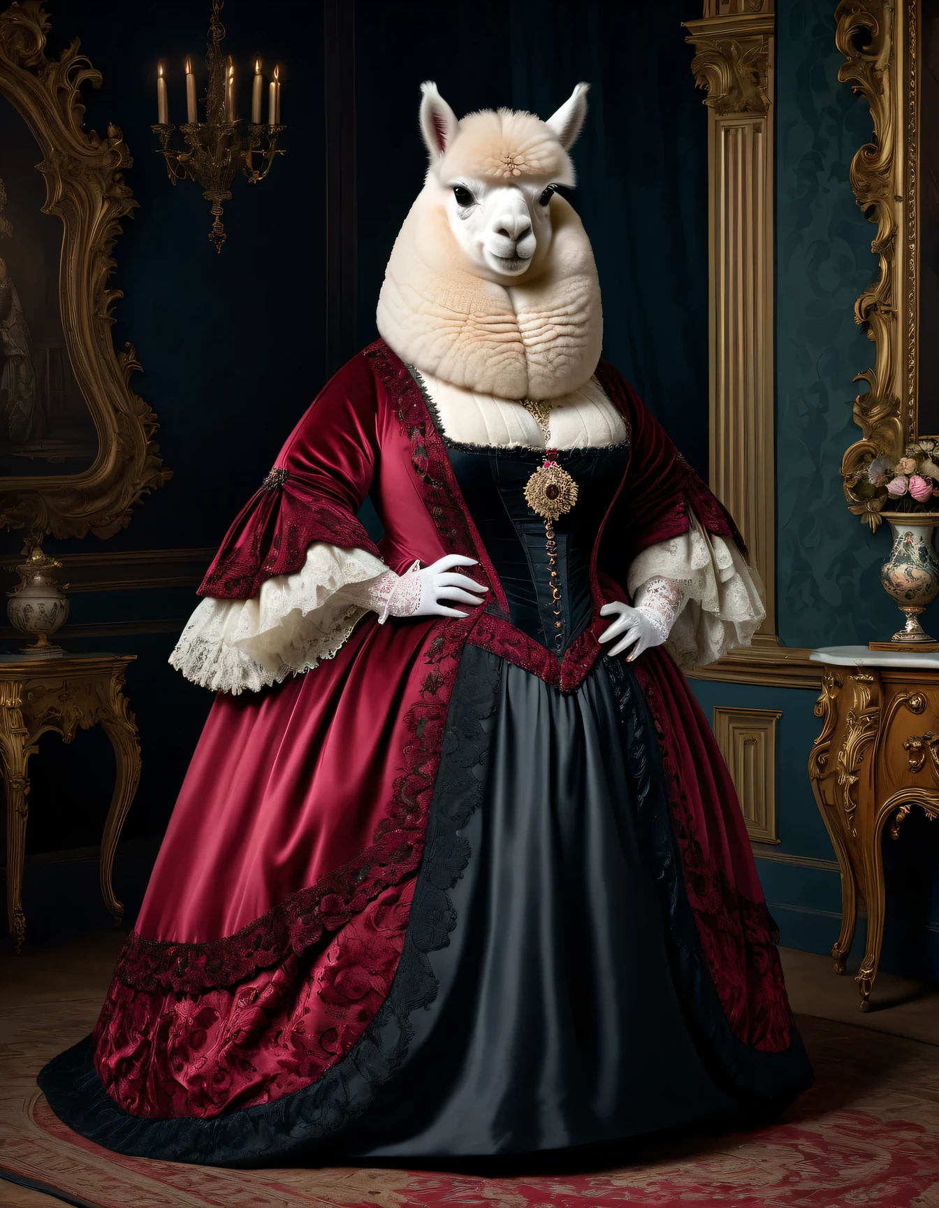photorealistic portrait of Dressed animals - a ((fat)) (alpaca) vampire, (full body image:1.5),(intimidating pose:1.5), Wearing luxury vampire gown,(wearing vampire clothes),(hands on hips:1.5), Old-fashioned luxury vampire clothes, detailed and opulent description of  aristocratic sack-back gown in Rococo ,emphasizing rococo style fabrics , intricate embroidery, and ornate accessories, dark rococo style palace background,(looking at viewer:1.5),(horror:1.5),score_9, score_8_up, score_7_up, score_6_up, score_5_up, score_4_up,