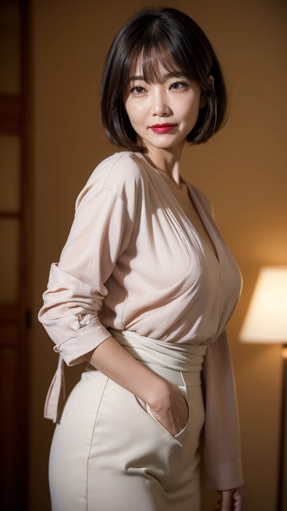 ((Highest quality)), ((8k)), ((masterpiece: 1.3)), (Perfect appearance), (Photorealism: 1.6), (RAW Photos:1.2), (Photorealistic), (Genuine:1.4), (JMA), (KE), (Portrait of a Japanese mature woman), (Pitch Darkness: 1.2), (A woman illuminated by a dim light), (Woman standing diagonally facing forward: 1.4), (60-year-old woman), (Perfect looks), ((Realistic skin texture)), (Fine wrinkles all over the skin), (Dullness), (Facial wrinkles), (Wrinkles around the eyes), double eyelid, Tear bags under the eyelids, (Grimacing and laughing), Short bangs, short hair, BREAK(Red lips),BREAK (blouse: 1.2),