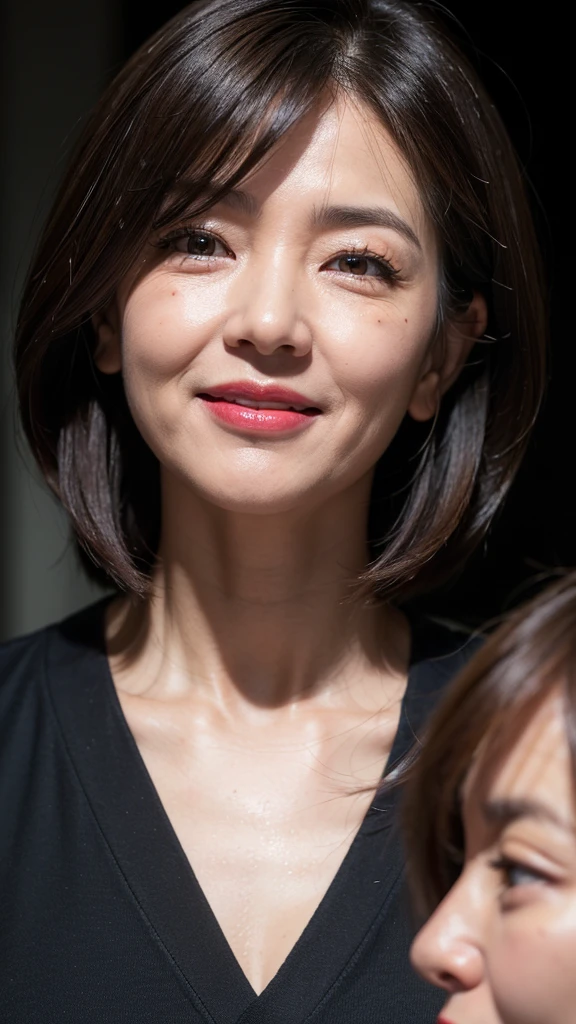 ((Highest quality)), ((8k)), ((masterpiece: 1.3)), (Perfect appearance), (Photorealism: 1.6), (RAW Photos:1.2), (Photorealistic), (Genuine:1.4), (JMA), (KE), (Portrait of a Japanese mature woman), (Pitch Darkness: 1.2), (A woman illuminated by a dim light), (Woman standing diagonally facing forward: 1.4), (60-year-old woman), (Perfect looks), ((Realistic skin texture)), (Fine wrinkles all over the skin), (Dullness), (Facial wrinkles), (Wrinkles around the eyes), double eyelid, Tear bags under the eyelids, (Grimacing and laughing), Short bangs, short hair, BREAK(Red lips),BREAK (blouse: 1.2),