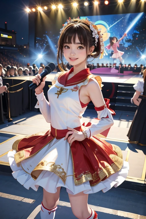 (Highest quality、 8k 、masterpiece、High resolution)、Full Body Shot、15 year old girl、Idol、Cute smile、Pretty lips、Adorable eyes、Dancing with a smile、Outdoor Stage、AKB48 Costumes、Realistic、Realistic、Official Art、Detailed CG、Professional Lighting、Professional photographer、