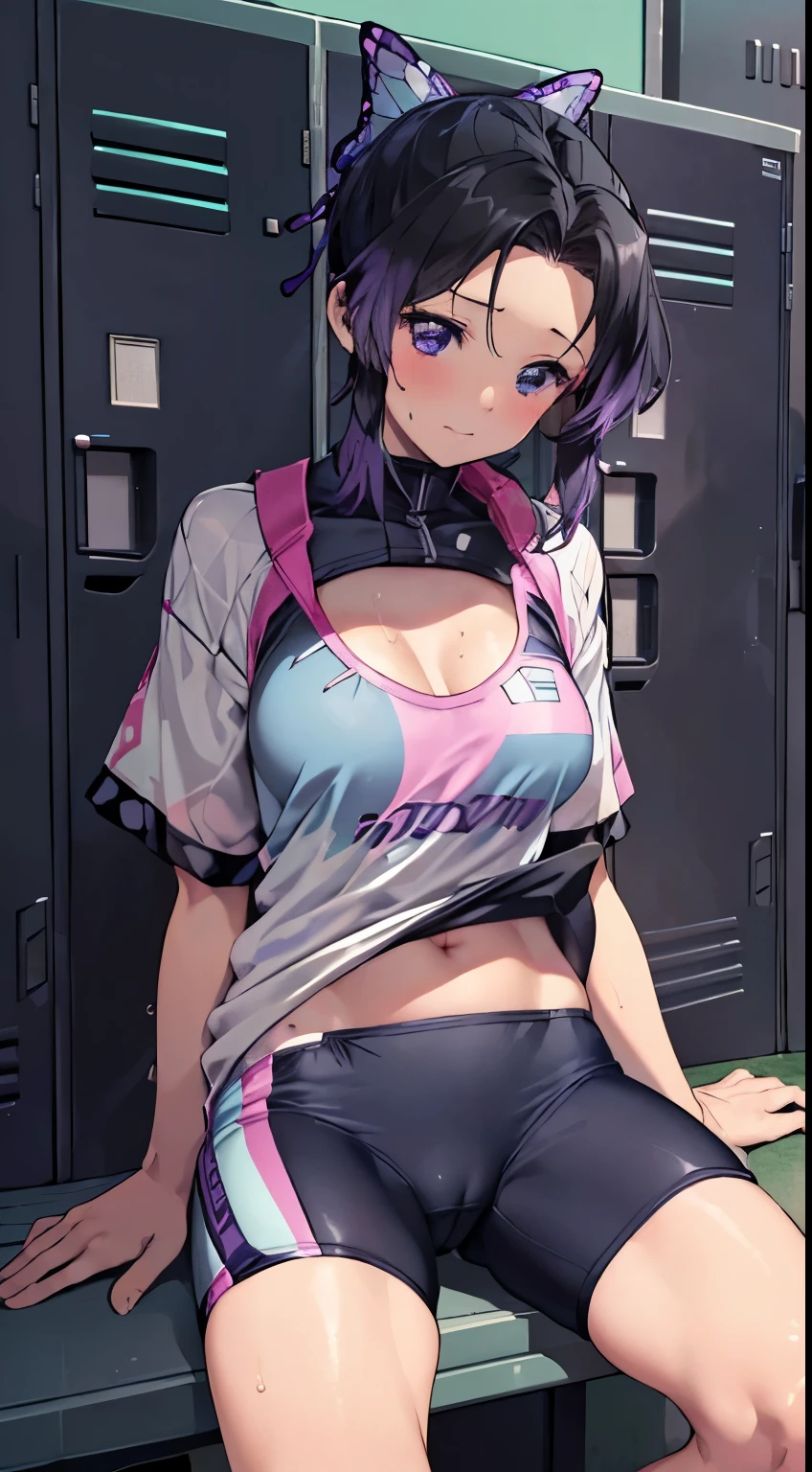 nsfw, kochou shinobu, Change of clothes, (((Sitting on a bench))), (((Cycling Shorts, Cycling shirts))), ((((((locker room)))))) , whole body, boost mood, Ultra-realistic 8K CG,masterpiece,, ((Highly detailed background,Delicate pattern,Intricate details, Fine and beautiful eyes)),The best quality in the best condition,とてもとてもとても詳細なface, Highly detailed eyesとface,Highly detailed eyes,kochou shinobu,Multicolored Hair,No bangs,Hair Intake,, Purple eyes,,butterfly,band,(熱band庭園:1.2),Purple Flower,mostly cloudy null,Tyndall effect,slope_null,face,beautiful null,,Seductive posture,(Cleavage:1.3), woman,,Road bike,No underwear, cute, (((Cycling Shorts))),,Laughing with your mouth open, ((Sweat))(See through),((bicycle)),((Black Hair)),blush,((Recall))(Sweatで濡れた)Reflecting the buttocks,bicycleのスパッツ,