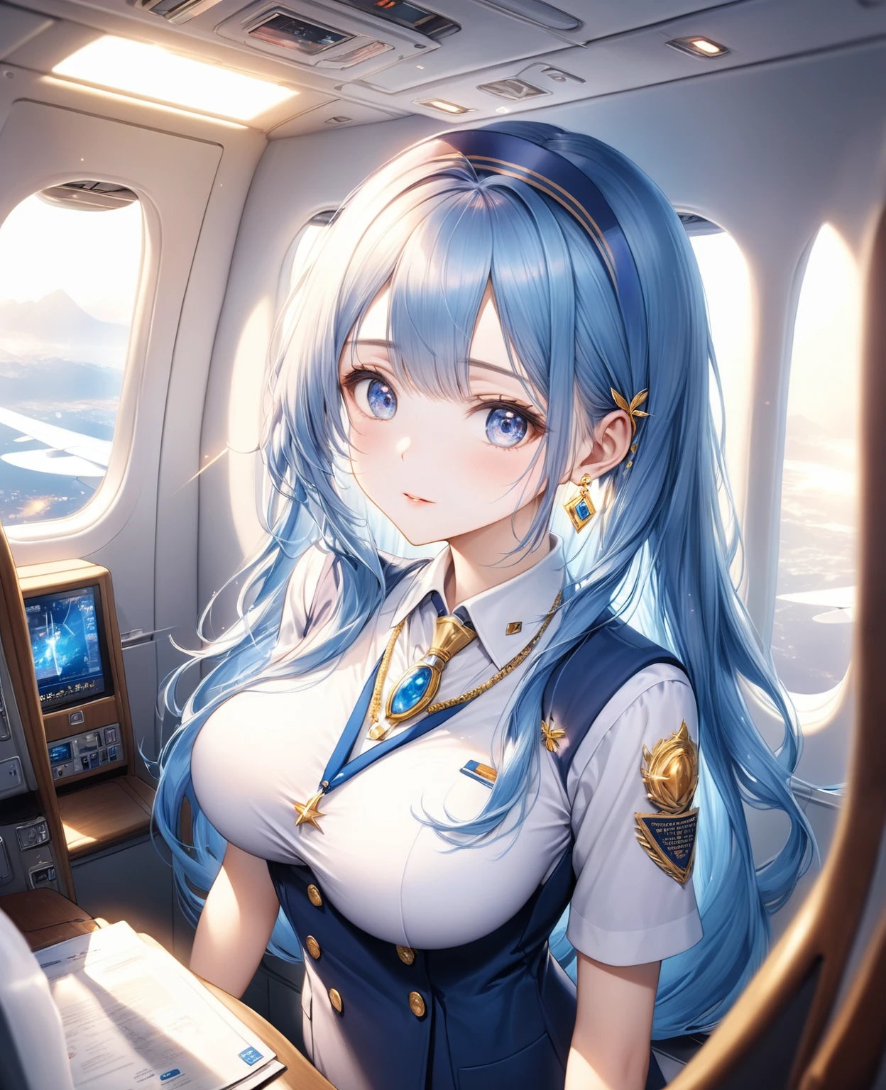 (Highest quality,8k,32K,masterpiece,Ultra-high resolution :1.2 ),born,One girl,Super cute,Natural light,Clear, shining eyes,20-year-old,Fair skin,Fantasy background of the electronic world inside the plane,The noble earrings are shining,The noble necklace shines,Blue Hair,Long Hair,Long Straight Hair,Cabin attendant,stewardess,Large Breasts