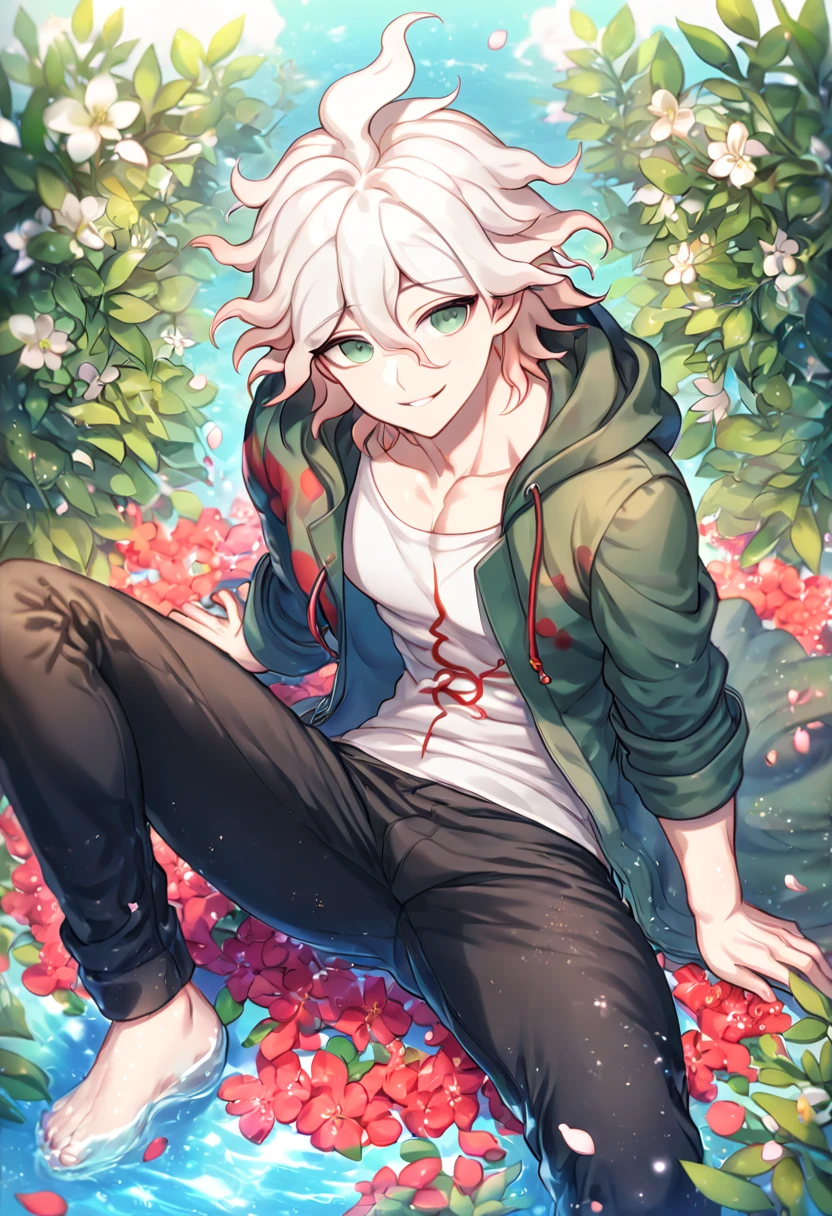 Ultra detailed, HDR, Highres, absurdres, master piece, Komaeda Nagito, white hair, expressive light gray-green eyes, green coat with hoodie, white tight shirt, black pants, Danganronpa, sexy man sitting, handsome, flowers, petals, fantasy, magical, green leaves, summer, handsome, sensual, best quality, glittering, solo, manly man, handsome smile, horny, water