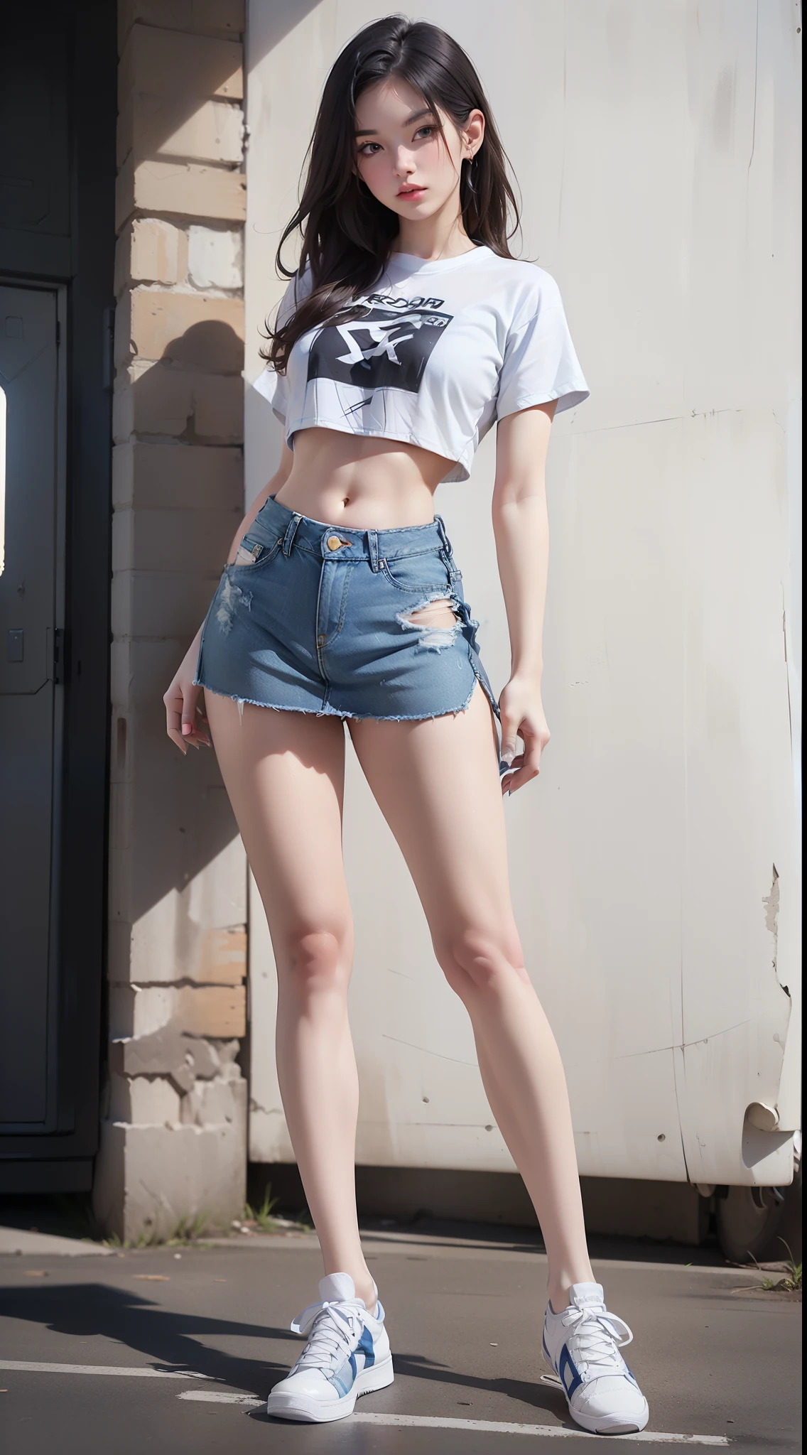 (1 girl, alone),（Long Hair）（Face directly ahead） ( Beautiful eyes IG ass, (t shirt crop top, Chopping, Denim skirt, Athletic sneakers white:1.5), (elongated body shape, Sexy long legs, Full Body Lesbian:1.5), (View your viewers:1), :1.Physically Based Rendering, Hyper HD, 8k, 1080P.