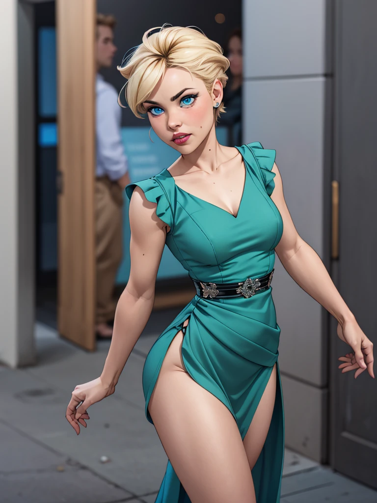 Blonde girl with short hair, blue eyes, With a green dress, tight on the body, marking the waist, short dress, 