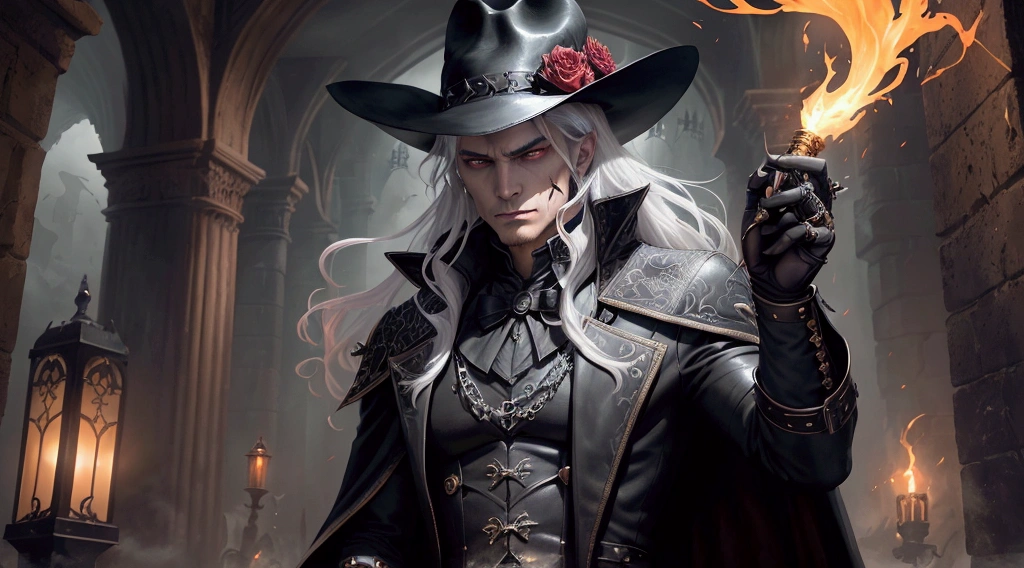 In a dark, gothic setting with ornate stone arches in the background, stands a formidable vampire hunter, embodying a mix of fierce determination and elegance. He wears a broad-brimmed hat adorned with a ruby and intricate metallic designs, framing his long, flowing white hair. His piercing gaze is intense, focused on his mission. Dressed in a richly detailed, leather-bound outfit, his coat is decorated with intricate patterns and fastened with numerous ornate buttons. In one gloved hand, he grips a whip that ignites with a mystical, fiery glow. Behind him looms a ferocious, snarling vampire with elongated fangs and wild, windswept hair, adding a sense of imminent danger. The overall scene exudes a sense of dark fantasy and adventure, perfect for a story or game set in a world of supernatural battles and heroic quests.