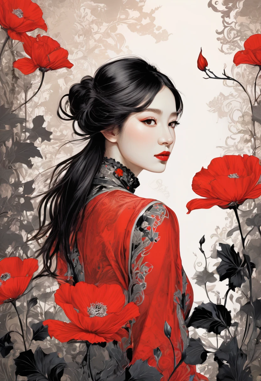 (masterpiece, best quality:1.2), 1 girl, alone,beautiful face，Red Reminimalist Art Nouveau，illustration style，black and red，flowers