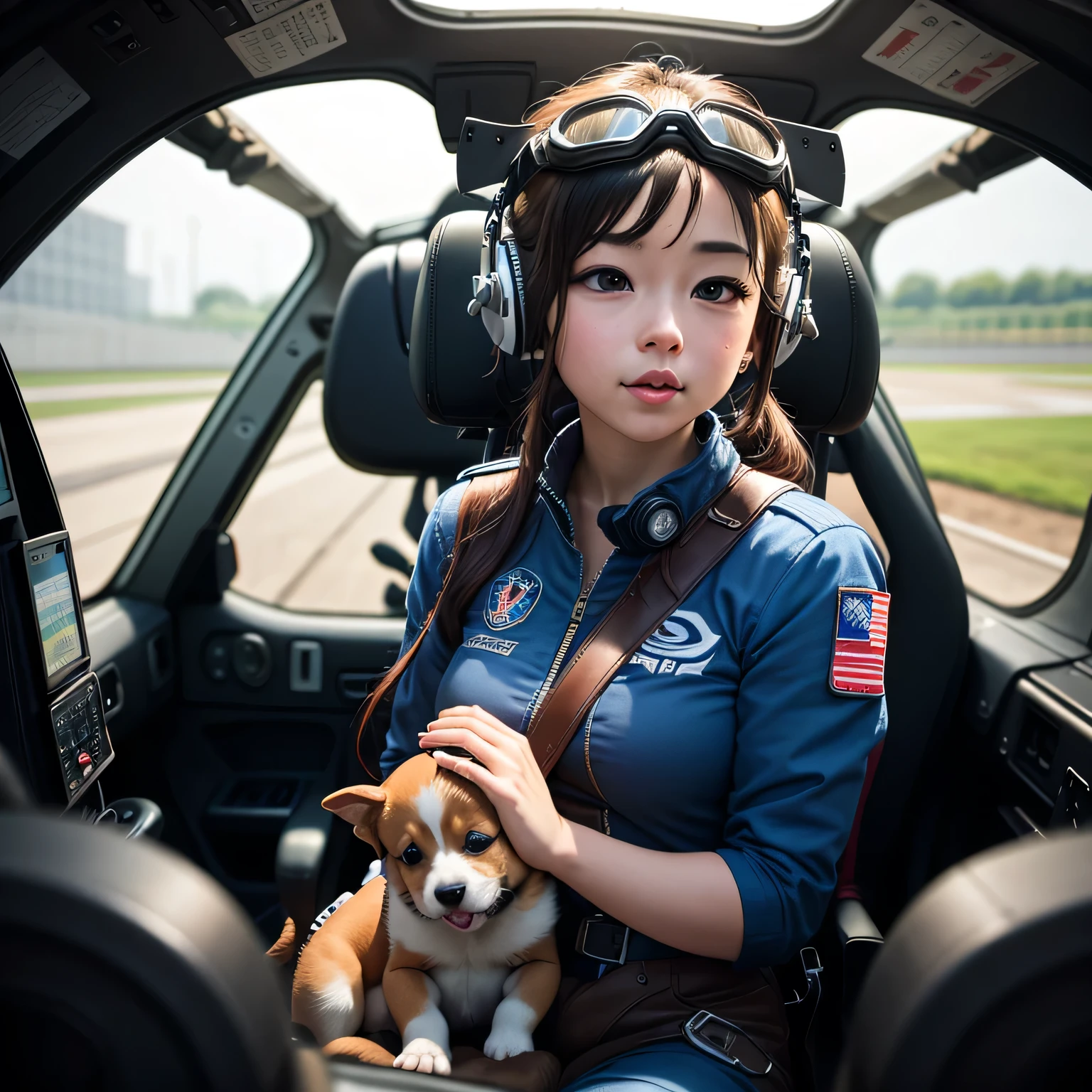 cockpit, 
(Puppy pilot in a fighter jet cockpit with helmet and goggles)、(in flight:1.3)、Put on a flight suit and sit in the cockpit of a fighter jet、A puppy&#39;s face is visible through the helmet、(Military pilot uniform)、Advanced flight suit、Operate the joystick、A fighter jet approaching from the right rear、(Fighter jets fly past the window:1.2)、(blue sky、White clouds below)、RAW Photos、Realistic、(Super detailed:1.2)、(High resolution:1.2)、masterpiece、(Highest quality)、8k、Ultra-Details、Detailed animal anatomy