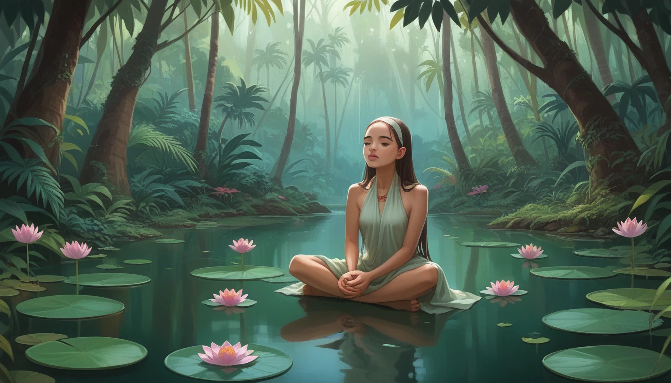 A wide show of Yoda in a meditation pose levitating above a pond with lotus flowers. Tropical rainfall, lush flowery jungle in the background. A sunbeam falls through the trees' crowns and lights up Shiva's face.