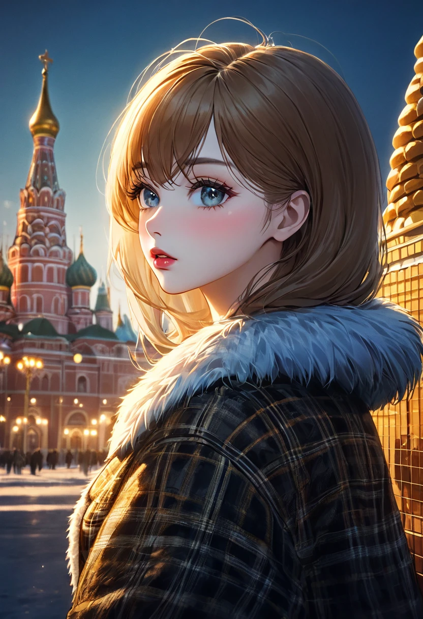 1girl, plaid shirt, fur coat, Kremlin Palace background, outdoor, beehive, best quality, ultra high res, photorealistic, cinematic lighting, warm color tones, intricate details, beautiful detailed eyes, beautiful detailed lips, extremely detailed face, long eyelashes, elegant pose, dramatic atmosphere, hyper-realistic, 8k, masterpiece