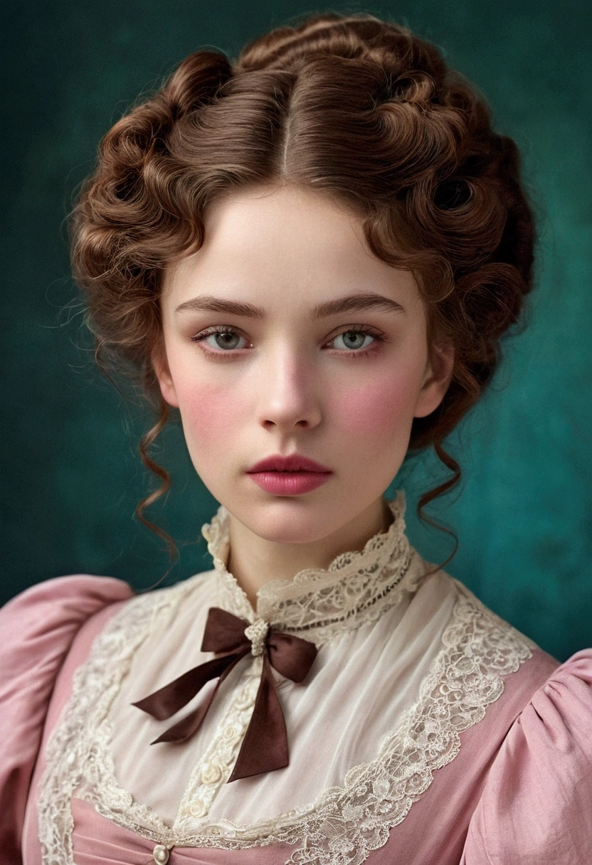 victorian era woman, White skin, brown wavy hair, thin and pink lips, marked jaw, eyes the color of honey