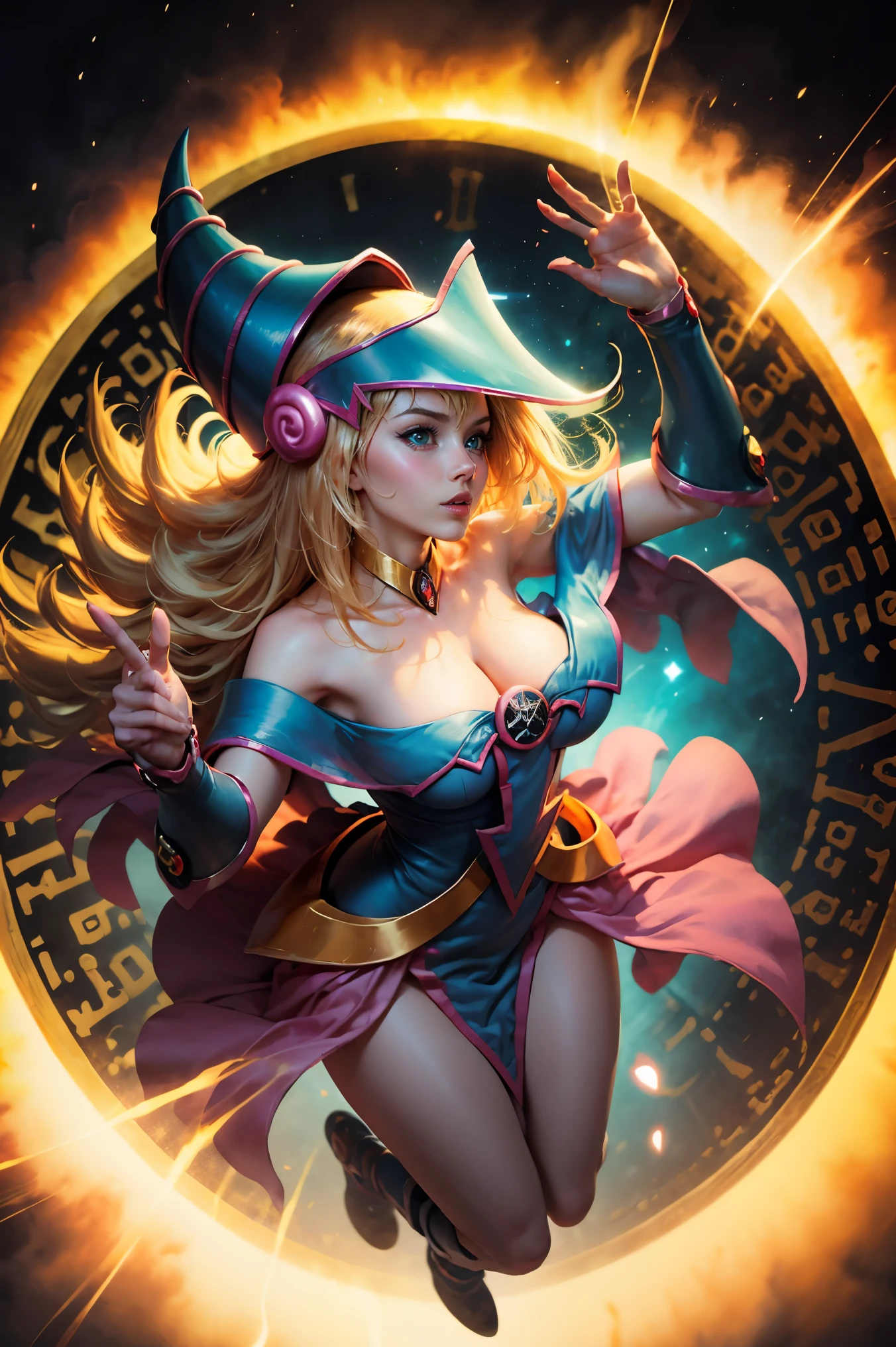 (masterpiece:1.2), (The best quality:1.2), perfect lighting, Dark Magician Girl casting a spell, in his twenties, floating in the air, big tits, neckline, blue robe, big hat, from above, Sparkles, Yugioh game, magic of the heart. heart lights, romantic heart