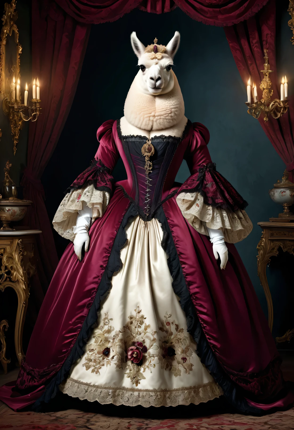 photorealistic portrait of Dressed animals - a ((fat)) (alpaca) vampire, (full body image:1.5),(intimidating pose:1.5), Wearing luxury vampire gown,(wearing vampire clothes),(hands on hips:1.5), (creepy smile:1.5),Old-fashioned luxury vampire clothes, detailed and opulent description of aristocratic sack-back gown in Rococo ,emphasizing rococo style fabrics , intricate embroidery, and ornate accessories, dark rococo style palace background,(looking at viewer:1.5),(horror:1.5),score_9, score_8_up, score_7_up, score_6_up, score_5_up, score_4_up,