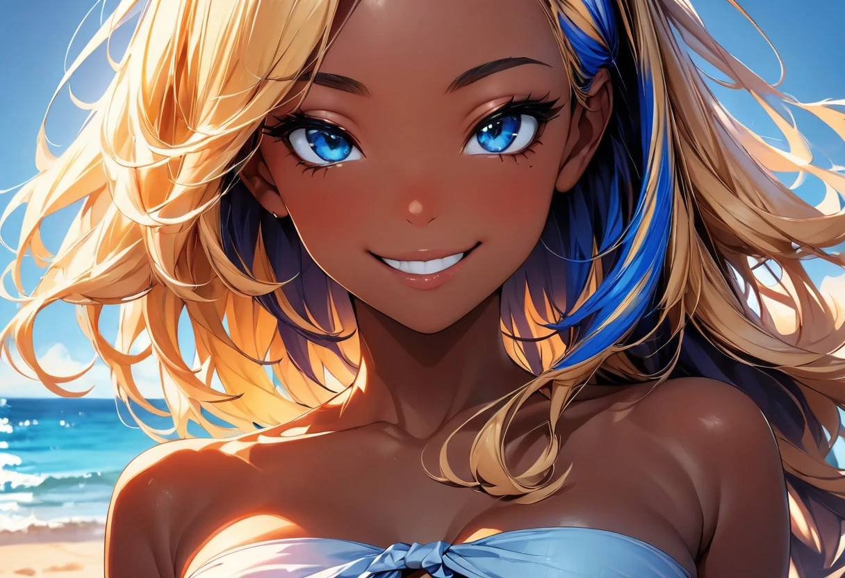 (highest quality:1.2, Very detailed, up to date, Vibrant, Ultra-high resolution, High Contrast, masterpiece:1.2, highest quality, Best aesthetics), Portraiture、girl、slim, Bright colors、bandeau bikini, beach, blue ocean, blue sky, Beautiful fine details、(Beautiful lip detail:1)、long hair, ((wavy hair:0.4))、messy hair, blonde and blue ((streaked hair:1.3)), highlights hair: 1.3, (medium breast:1), (tan skin:1.3), wink:1.3, ((smile:1.3)) , (upper body:1.3), close-up face, looking viewer