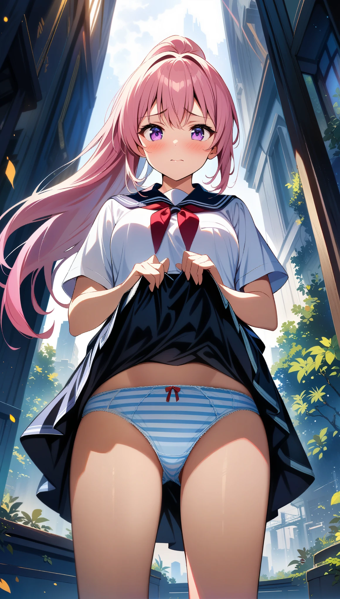 (2 girls), stand, spread your legs wide, long hair, ponytail, pink hair, purple eyes, (striped underwear), (cute school uniform), ((embarrassed)), (cowboy shot), (((((showing underwear))))), (((((skirt lift by myself))))), (((from front))), (from below), ((32K)), ((best quality)), ((ultra high res)), ((HDR)), ((uhd)), ((extremely detailed CG)), ((unity 32K wallpaper)), ((perfect anatomy)),