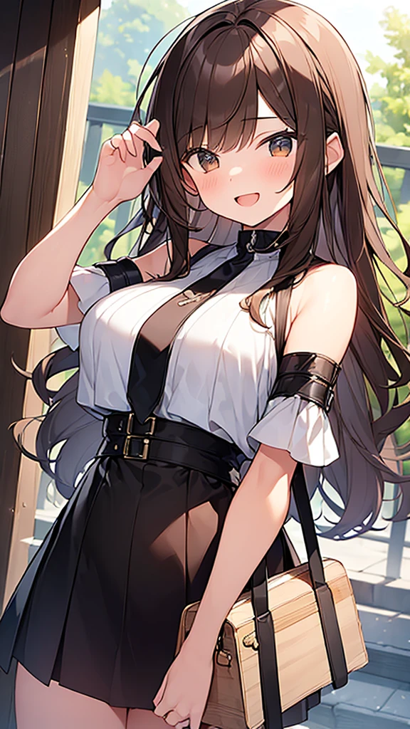 (Masterpiece, Top quality: 1.5), (1 girl, solo :1.2), large breasts:1.2, standard weight, (brown hair:1.4), (airy hair, wavy hair:1.3), long hair ,asymmetry bangs, swept bangs, 12 year old, smile:1.4, flustered:1.1, dynamic pose, magnificent panorama view, happy:1.2, open mouth, summer:1.3,  __angle__, __pose__, 
 __hands__,  __items__ __items__ __items__