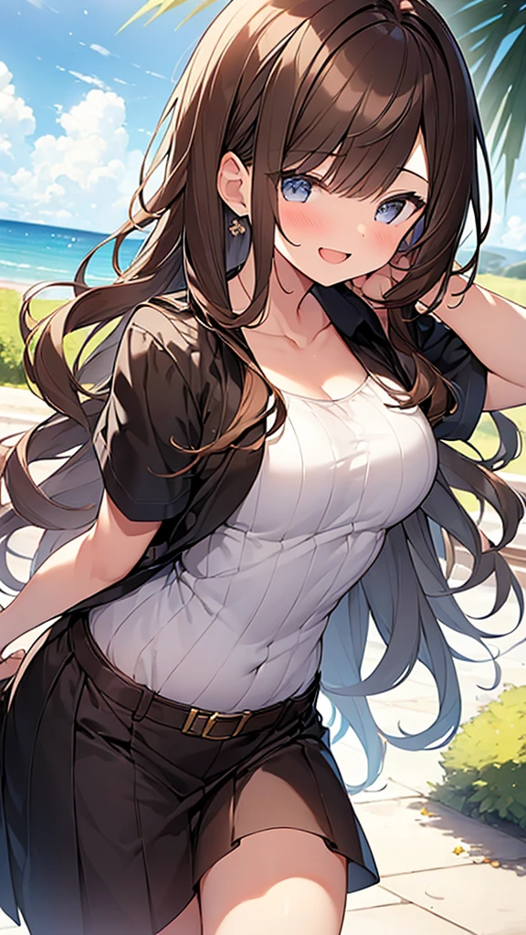 (Masterpiece, Top quality: 1.5), (1 girl, solo :1.2), large breasts:1.2, standard weight, (brown hair:1.4), (airy hair, wavy hair:1.3), long hair ,asymmetry bangs, swept bangs, , smile:1.4, flustered:1.1, dynamic pose, magnificent panorama view, happy:1.2, open mouth, summer:1.3,  __angle__, __pose__, 
 __hands__,  __items__ __items__ __items__