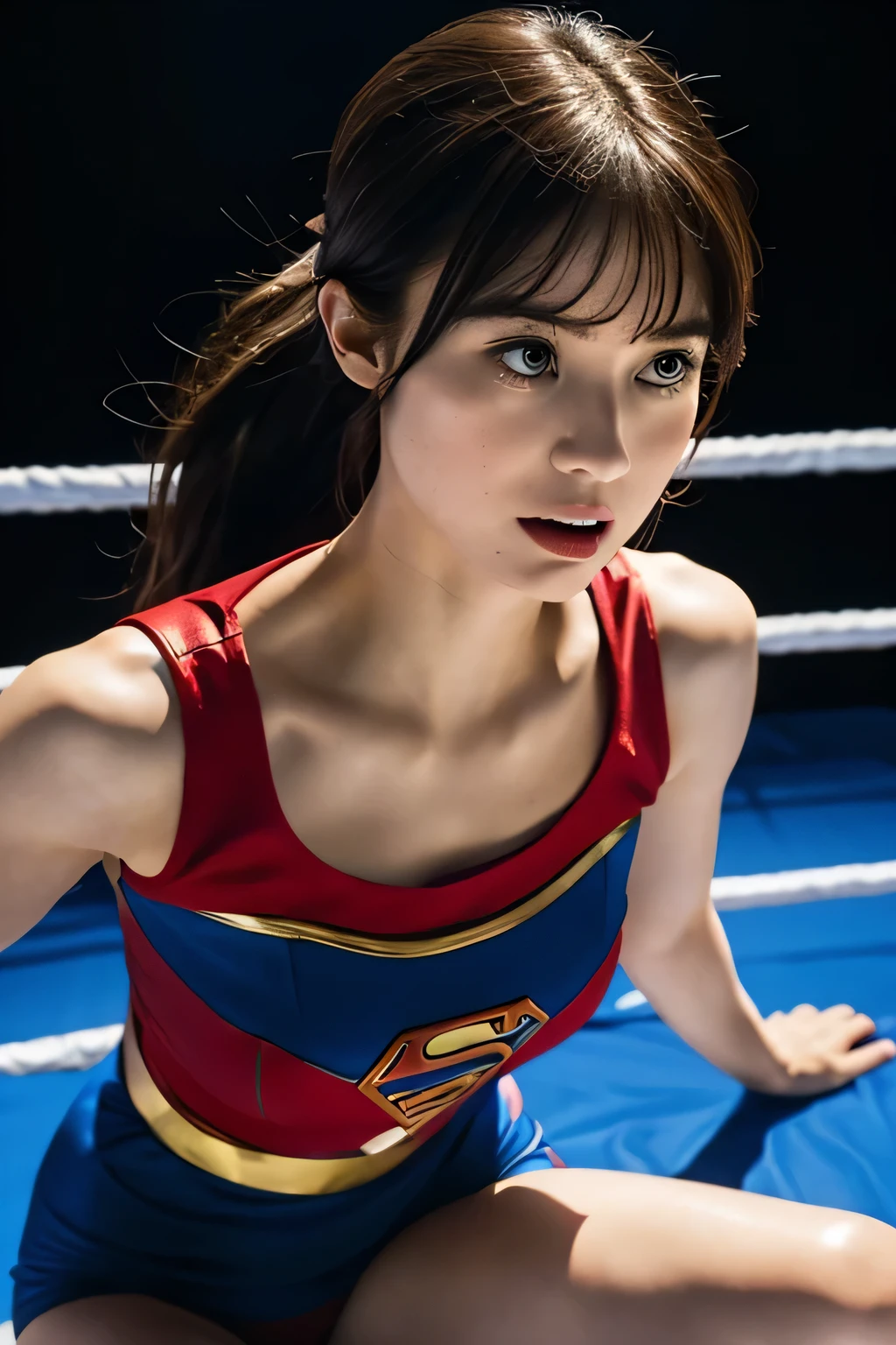 Supergirl, Beautiful Supergirl, 29 years old, Height : 152 CM, In the women's wrestling ring, midday, supergirl tanktop costume, hair tied, hair bangs, Supergirl was sweating profusely, Supergirl had wet sweat on her chest, Supergirl had wet sweat on her head, Supergirl is shocked, Supergirl looks up, Supergirl looks scared, Supergirl screamed in pain, supergirl defeated, supergirl tanktop costume is torn, Supergirl fights against a giant, Supergirl is seriously injured, Supergirl cried, supergirl in peril