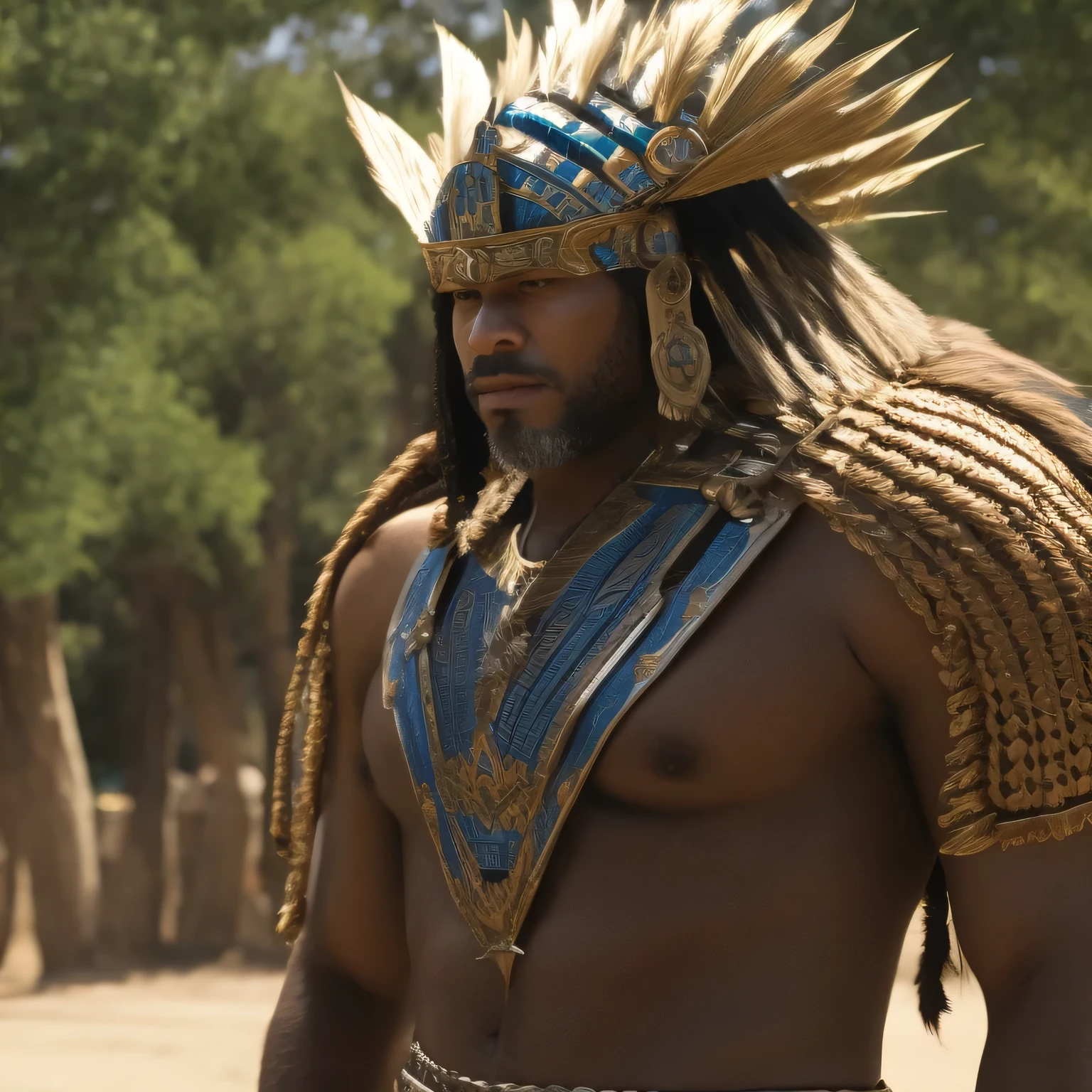 A man in costume、Close-up of man wearing large headdress, Revelation, movie still of aztec cyborg, mayan jaguar warrior, scene from live action , wearing tribal armor, mexican warrior, still from a live action movie, Mohawk, an aztec warrior, an an aztec warrior, an aztec warrior, still from a fantasy movie, Movie screen shot,
