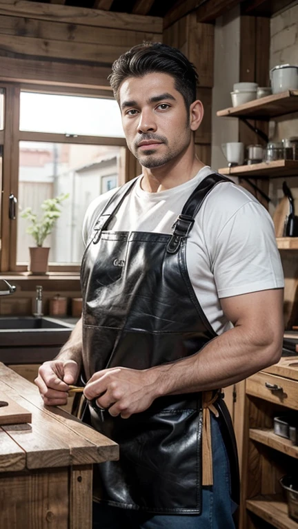 carpenter named Jose, a healthy, strong man with a leather apron, working with love and dedication in the manufacture of wooden furniture