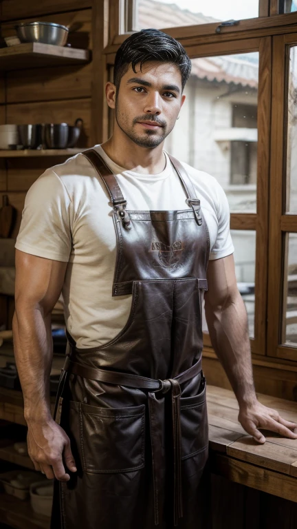 carpenter named Jose, a healthy, strong man with a leather apron, working with love and dedication in the manufacture of wooden furniture