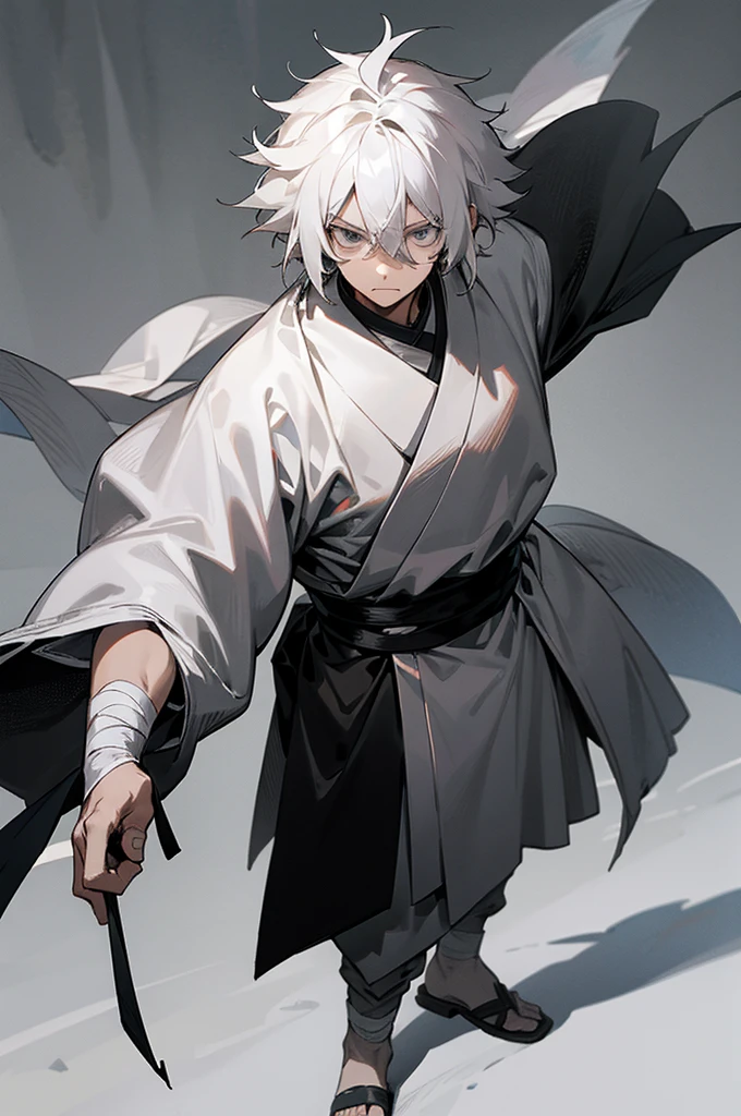1male, white shaggy hair, grey eyes, determined expression, open black yukata, bandaged arms, standing on path, foggy background, hands to side, detailed face